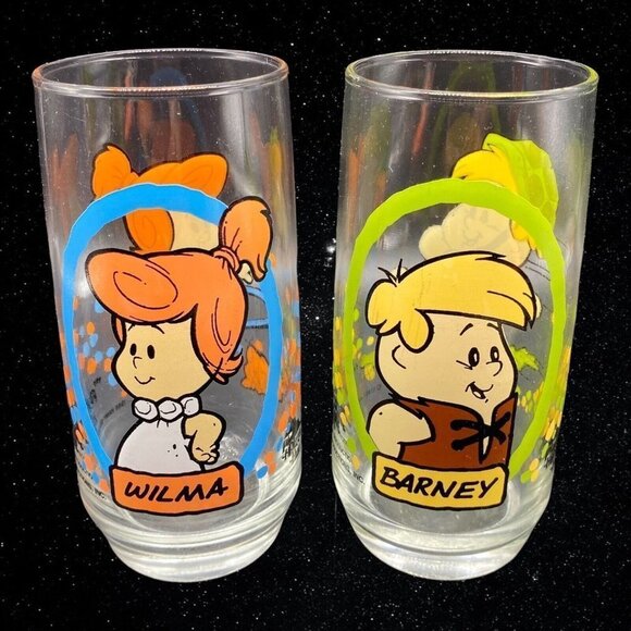 Vintage 1986 Pizza Hut The Flinstones Kids Glasses Barney & Wilma 6”T 2.5”W - Picture 1 of 8